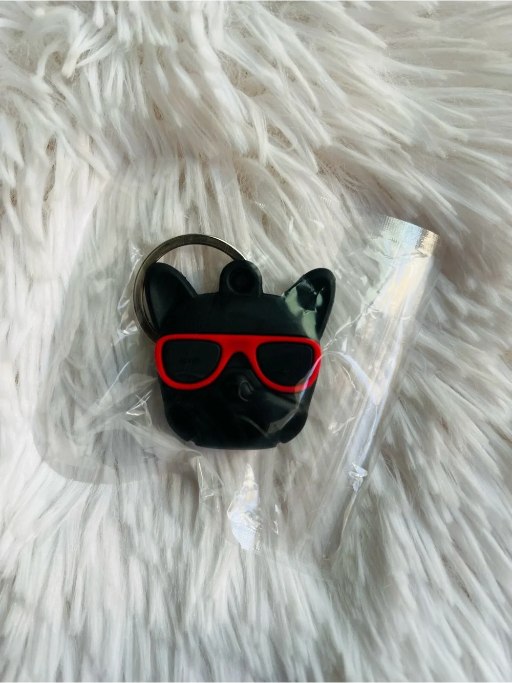 Apple AirTag Black Puppy Dog Keychain with Red Sunglasses